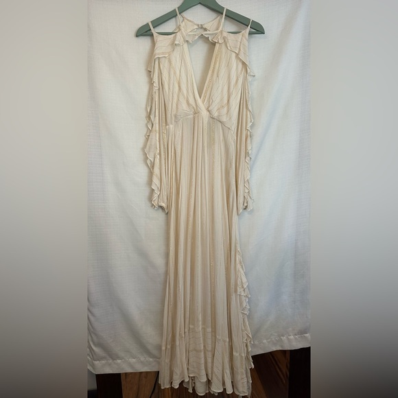 Free People Huxley Maxi Dress Ruffle Cutout Open Back Metallic Stripe Size Small - Picture 3 of 16